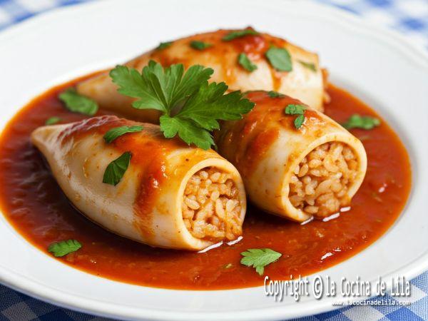 Calamares rellenos con arroz y verduras en salsa de tomate casera