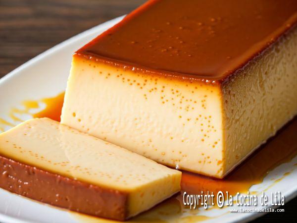 Flan de queso rectangular recién hecho, con una porción cortada para mostrar su textura suave y cremosa.