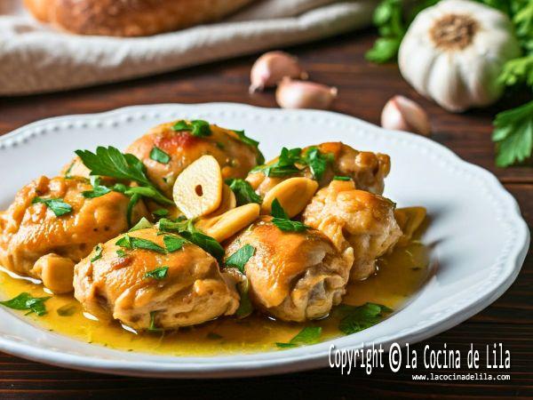 Plato de pollo al ajillo servido con ajos dorados y perejil fresco.