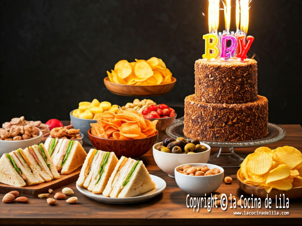 Texto alternativo: Una mesa de cumpleaños repleta de deliciosos aperitivos, como sándwiches, patatas fritas, frutos secos y un pastel de cumpleaños de dos pisos con velas coloridas.