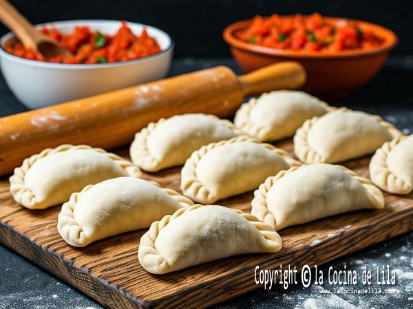 Proceso de preparación de masa para empanadas al horno, mostrando la textura suave y el color dorado de la masa.